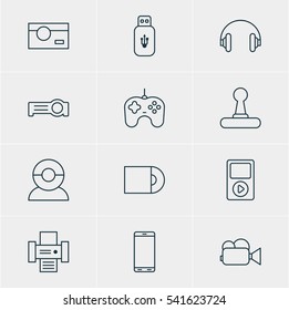 Vector Illustration Of 12 Accessory Icons. Editable Pack Of Media Controller, Photocopier, Dvd Drive And Other Elements.