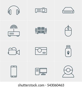 Vector Illustration Of 12 Accessory Icons. Editable Pack Of Usb Card, Cursor Controller, Modem And Other Elements.