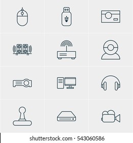 Vector Illustration Of 12 Accessory Icons. Editable Pack Of Camcorder, Photography, PC And Other Elements.