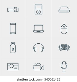 Vector Illustration Of 12 Accessory Icons. Editable Pack Of Photography, Headset, Sound Recording And Other Elements.