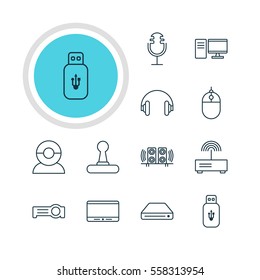 Vector Illustration Of 12 Accessory Icons. Editable Pack Of Loudspeaker, Headset, Modem And Other Elements.