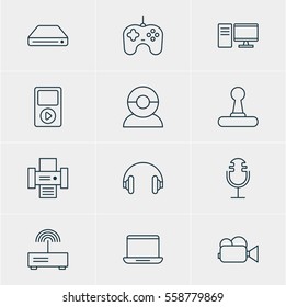 Vector Illustration Of 12 Accessory Icons. Editable Pack Of Joypad, Computer, Game Controller And Other Elements.