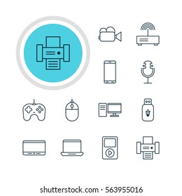 Vector Illustration Of 12 Accessory Icons. Editable Pack Of Sound Recording, Joypad, PC And Other Elements.