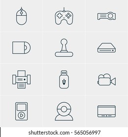 Vector Illustration Of 12 Accessory Icons. Editable Pack Of Monitor, Media Controller, Photocopier And Other Elements.