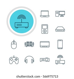 Vector Illustration Of 12 Accessory Icons. Editable Pack Of Cursor Controller, PC, Media Controller And Other Elements.