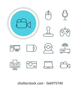 Vector Illustration Of 12 Accessory Icons. Editable Pack Of Video Chat, Camcorder, Joypad And Other Elements.