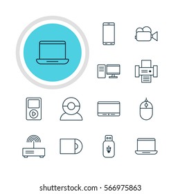 Vector Illustration Of 12 Accessory Icons. Editable Pack Of Video Chat, Smartphone, Photocopier And Other Elements.