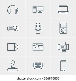Vector Illustration Of 12 Accessory Icons. Editable Pack Of Dvd Drive, Loudspeaker, Computer And Other Elements.