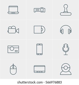 Vector Illustration Of 12 Accessory Icons. Editable Pack Of Camcorder, Smartphone, Monitor And Other Elements.