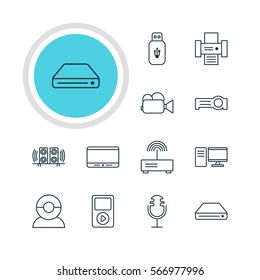 Vector Illustration Of 12 Accessory Icons. Editable Pack Of Memory Storage, Video Chat, PC And Other Elements.
