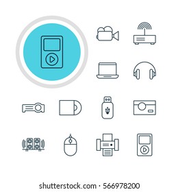 Vector Illustration Of 12 Accessory Icons. Editable Pack Of Floodlight, Loudspeaker, Camcorder And Other Elements.