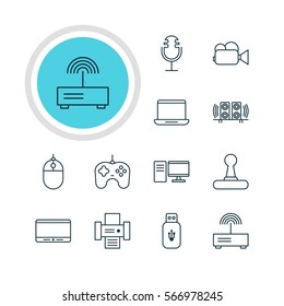 Vector Illustration Of 12 Accessory Icons. Editable Pack Of Computer, Monitor, PC And Other Elements.