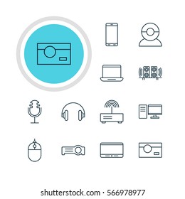 Vector Illustration Of 12 Accessory Icons. Editable Pack Of Sound Recording, Computer, Cursor Controller And Other Elements.
