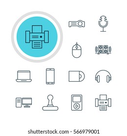Vector Illustration Of 12 Accessory Icons. Editable Pack Of Smartphone, Headset, Cursor Controller And Other Elements.