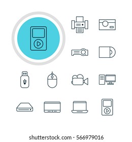 Vector Illustration Of 12 Accessory Icons. Editable Pack Of Monitor, Photography, Cursor Controller And Other Elements.