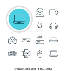 Vector Illustration Of 12 Accessory Icons. Editable Pack Of Photocopier, Dvd Drive, Floodlight And Other Elements.