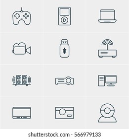 Vector Illustration Of 12 Accessory Icons. Editable Pack Of Photography, Camcorder, Usb Card And Other Elements.
