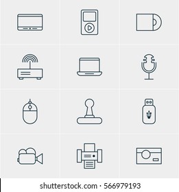Vector Illustration Of 12 Accessory Icons. Editable Pack Of Photocopier, Usb Card, Sound Recording And Other Elements.