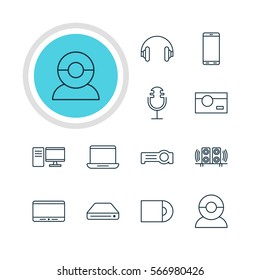 Vector Illustration Of 12 Accessory Icons. Editable Pack Of Loudspeaker, Photography, Dvd Drive And Other Elements.