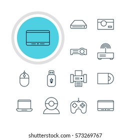 Vector Illustration Of 12 Accessory Icons. Editable Pack Of Joypad, Cursor Controller, Modem And Other Elements.