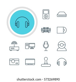 Vector Illustration Of 12 Accessory Icons. Editable Pack Of Loudspeaker, Photography, Dvd Drive And Other Elements.