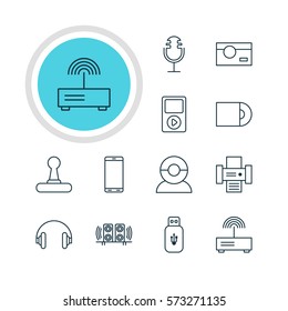 Vector Illustration Of 12 Accessory Icons. Editable Pack Of Photocopier, Media Controller, Usb Card And Other Elements.