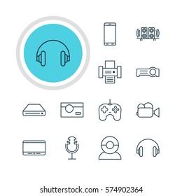 Vector Illustration Of 12 Accessory Icons. Editable Pack Of Camcorder, Memory Storage, Photocopier And Other Elements.