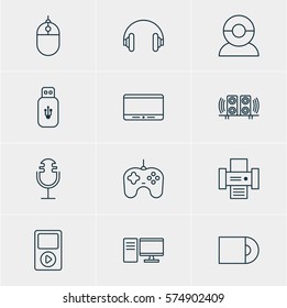 Vector Illustration Of 12 Accessory Icons. Editable Pack Of Usb Card, Joypad, Cursor Controller And Other Elements.