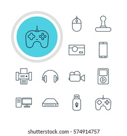 Vector Illustration Of 12 Accessory Icons. Editable Pack Of Photocopier, PC, Game Controller And Other Elements.