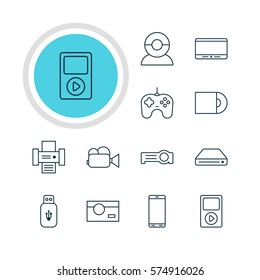 Vector Illustration Of 12 Accessory Icons. Editable Pack Of Media Controller, Video Chat, Smartphone And Other Elements.