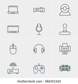 Vector Illustration Of 12 Accessory Icons. Editable Pack Of Joypad, Loudspeaker, Headset And Other Elements.
