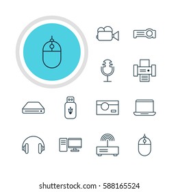 Vector Illustration Of 12 Accessory Icons. Editable Pack Of Camcorder, Usb Card, Memory Storage And Other Elements.