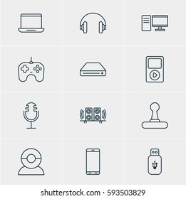 Vector Illustration Of 12 Accessory Icons. Editable Pack Of Usb Card, Game Controller, Headset And Other Elements.