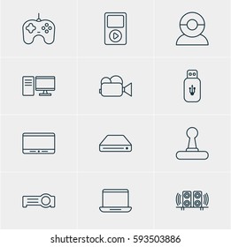 Vector Illustration Of 12 Accessory Icons. Editable Pack Of Loudspeaker, Media Controller, PC And Other Elements.