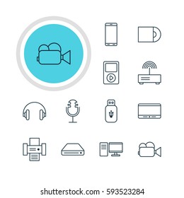Vector Illustration Of 12 Accessory Icons. Editable Pack Of Media Controller, Modem, Dvd Drive And Other Elements.