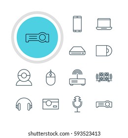 Vector Illustration Of 12 Accessory Icons. Editable Pack Of Floodlight, Computer, Smartphone And Other Elements.