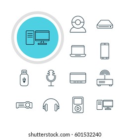 Vector Illustration Of 12 Accessory Icons. Editable Pack Of Sound Recording, Headset, Floodlight And Other Elements.