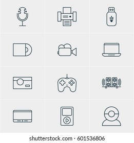 Vector Illustration Of 12 Accessory Icons. Editable Pack Of Camcorder, Computer, Video Chat And Other Elements.