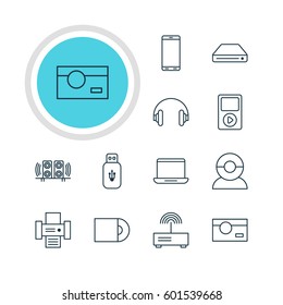 Vector Illustration Of 12 Accessory Icons. Editable Pack Of Smartphone, Memory Storage, Dvd Drive And Other Elements.