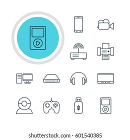 Vector Illustration Of 12 Accessory Icons. Editable Pack Of Photocopier, Usb Card, Smartphone And Other Elements.