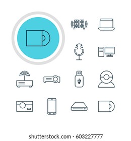 Vector Illustration Of 12 Accessory Icons. Editable Pack Of Smartphone, PC, Memory Storage And Other Elements.