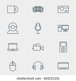 Vector Illustration Of 12 Accessory Icons. Editable Pack Of Media Controller, Monitor, Dvd Drive And Other Elements.