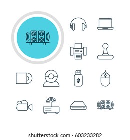 Vector Illustration Of 12 Accessory Icons. Editable Pack Of Memory Storage, Cursor Controller, Camcorder And Other Elements.