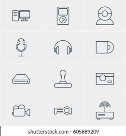 Vector Illustration Of 12 Accessory Icons. Editable Pack Of Game Controller, PC, Sound Recording And Other Elements.