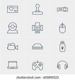 Vector Illustration Of 12 Accessory Icons. Editable Pack Of Game Controller, Photocopier, Usb Card And Other Elements.