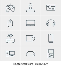 Vector Illustration Of 12 Accessory Icons. Editable Pack Of Media Controller, Joypad, Smartphone And Other Elements.