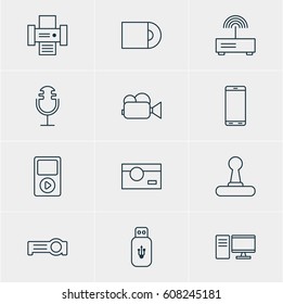 Vector Illustration Of 12 Accessory Icons. Editable Pack Of Floodlight, Camcorder, Usb Card And Other Elements.