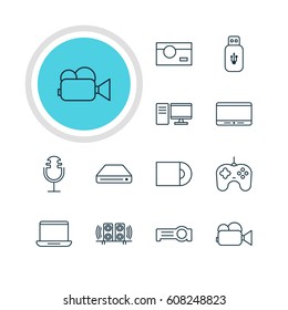 Vector Illustration Of 12 Accessory Icons. Editable Pack Of PC, Joypad, Usb Card And Other Elements.
