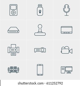 Vector Illustration Of 12 Accessory Icons. Editable Pack Of Game Controller, Memory Storage, Usb Card And Other Elements.