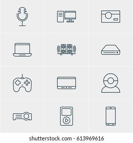 Vector Illustration Of 12 Accessory Icons. Editable Pack Of Media Controller, Computer, Monitor And Other Elements.